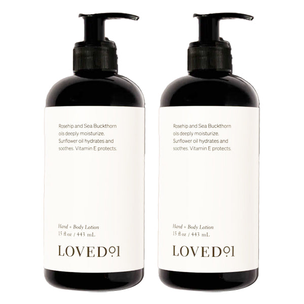 Loved 01 2 Pack Deep Hydration Hand + Body Lotion, 15oz each, contains rosehip and sea buckthorn oils plus plant butters for nourishing moisture.